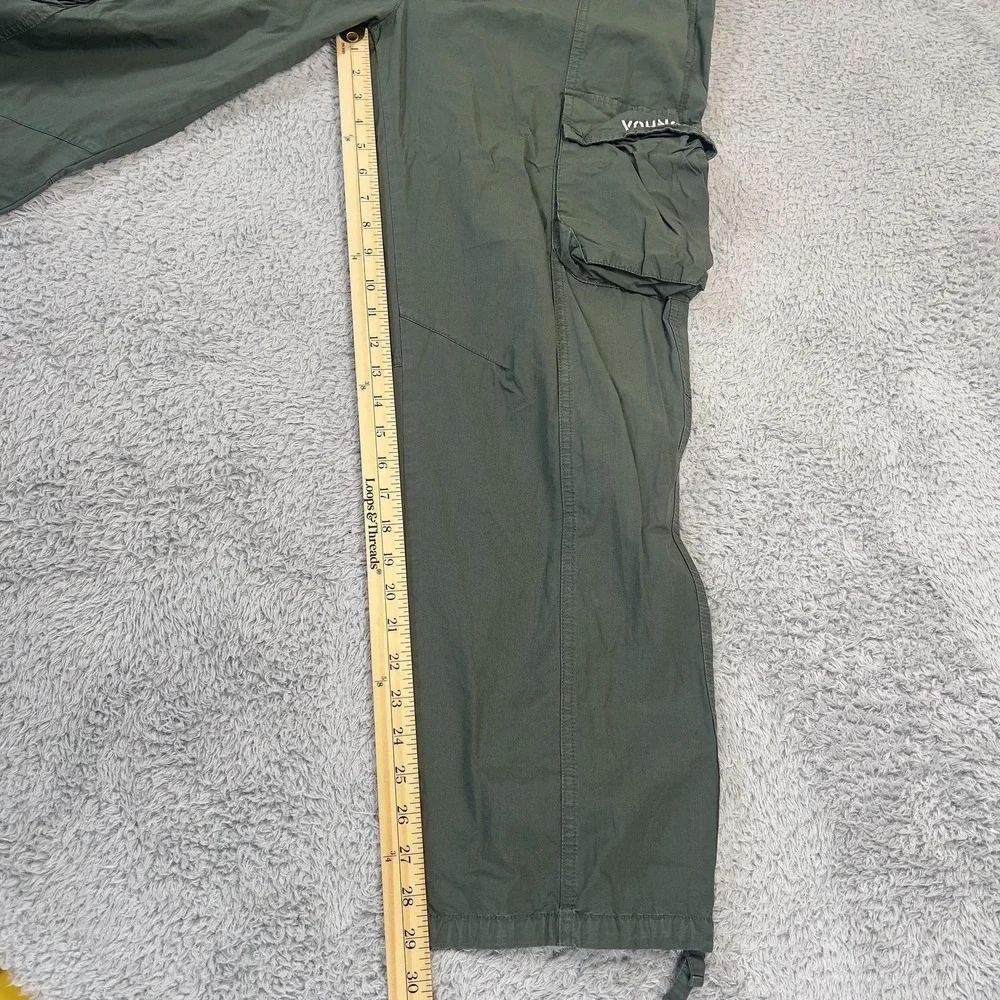 YoungLA Cargo Pants Mens M 32x29 Green Elastic Waist Lightweight Cotton Gorpcore